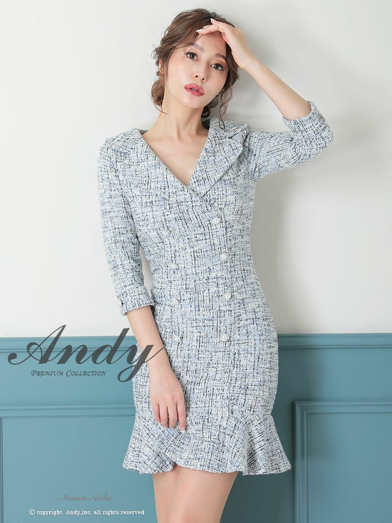 キャバドレス Andy アンディ 高級スカラップ風襟デザイン袖ありツイードタイトミニドレス