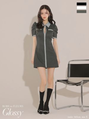 予約商品【7月下旬入荷予定】[ROBEdeFLEURSGlossy/ローブドフルールグロッシー] 高級 襟付きフロントジップ ラメパイピング 半袖 フレアミニドレス