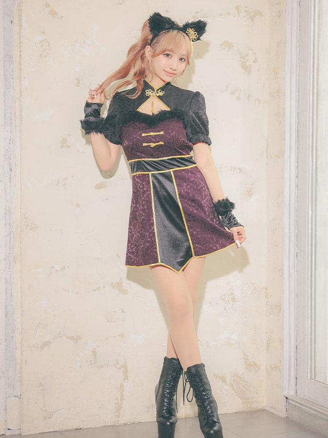 [コスプレ] サテンジャガードバストカットチャイナ猫アニマル [3点セット] (ワンピース/カチューシャ/グローブ)