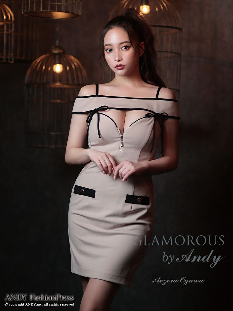キャバドレス AndyGLAMOROUS アンディグラマラス　　高級バストカットくびれ肩あきボタンジップリボンタイトミニドレス