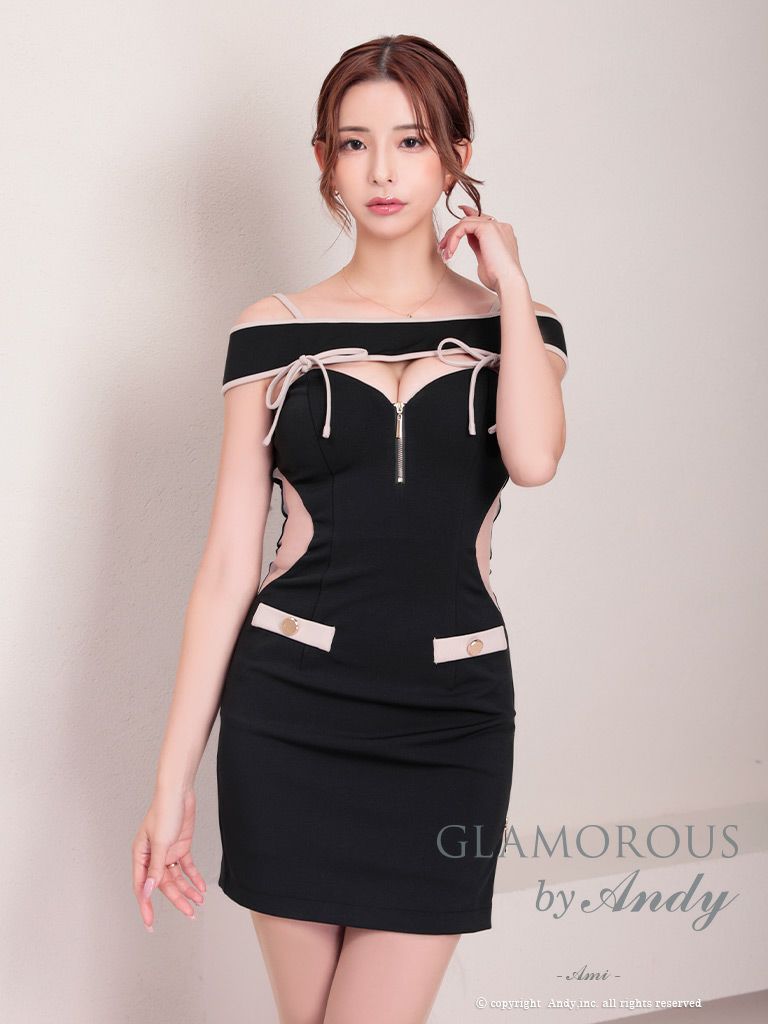 キャバドレス AndyGLAMOROUS アンディグラマラス　　高級バストカットくびれ肩あきボタンジップリボンタイトミニドレス