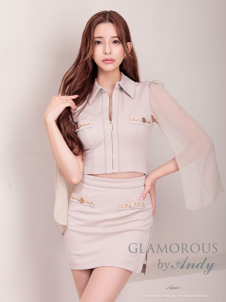 キャバドレス AndyGLAMOROUS アンディグラマラス　 高級ノースリーブセットアップジップ襟デザイン長袖シフォンスリーブタイトミニドレス