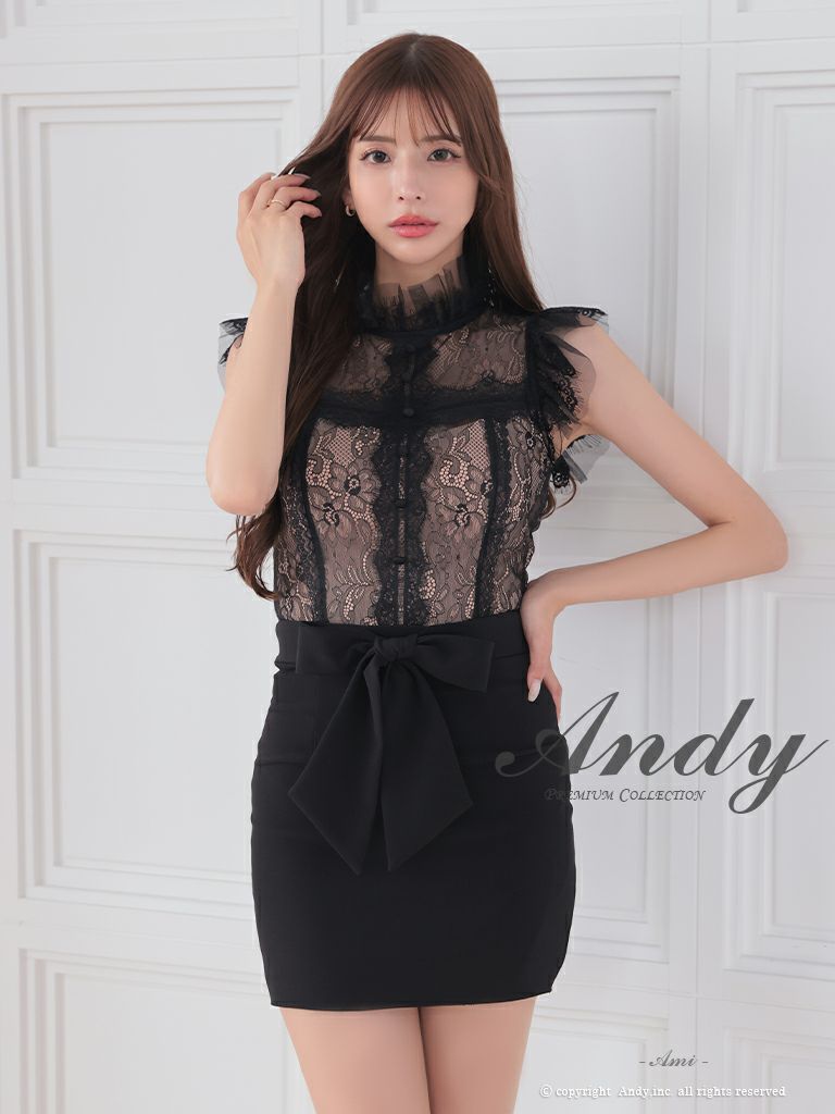 キャバドレス Andy アンディ　高級ノースリーブフラワーレースボタンウエストリボンタイトミニドレス