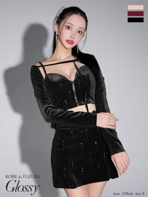 [ROBEdeFLEURSGlossy/ローブドフルールグロッシー] 高級 2way 長袖 袖あり フロントジップ ラメ ベロア セットアップ バストカット 谷間魅せ タイトミニドレス
