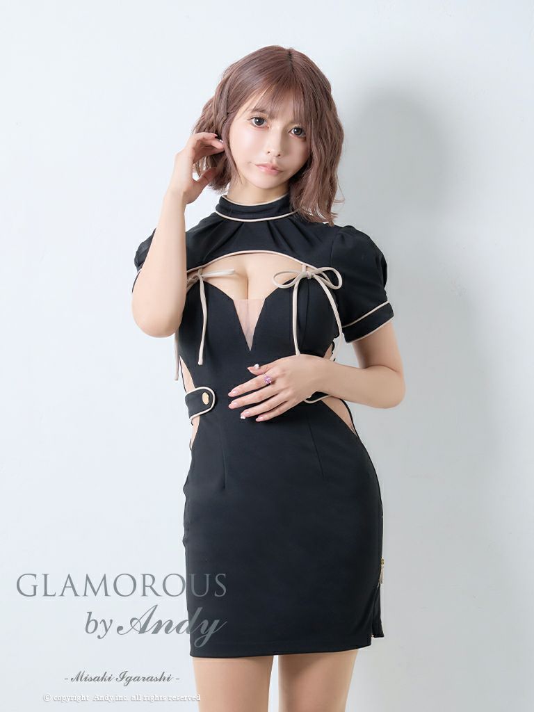 キャバドレス AndyGLAMOROUS アンディグラマラス 高級谷間カットリボンハイネックウエストカットくびれデザインパフスリーブ半袖タイトミニドレス