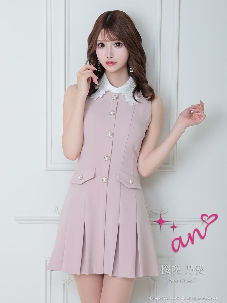 キャバドレス an アン 高級プリーツノースリーブ襟デザインパールボタンフェイクポケットフレアミニドレス