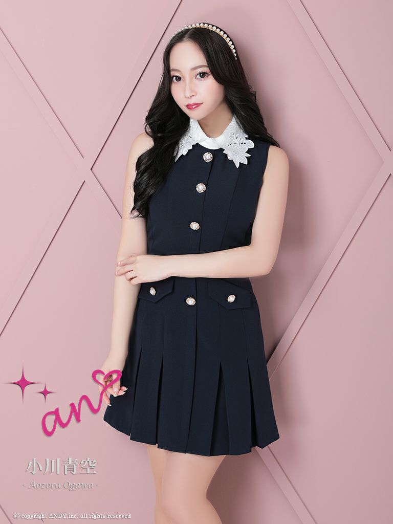 キャバドレス an アン 高級プリーツノースリーブ襟デザインパールボタンフェイクポケットフレアミニドレス