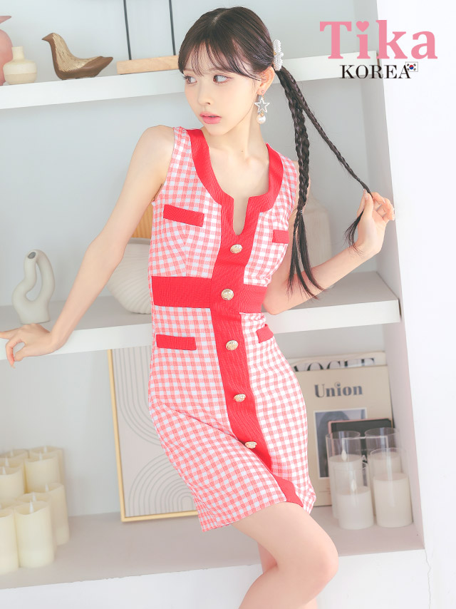 キャバドレス ノースリーブ ギンガムチェック柄 タイト ミニドレス