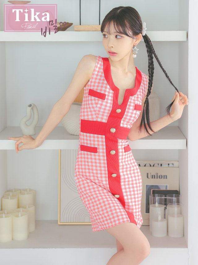 キャバドレス ノースリーブ ギンガムチェック柄 タイト ミニドレス