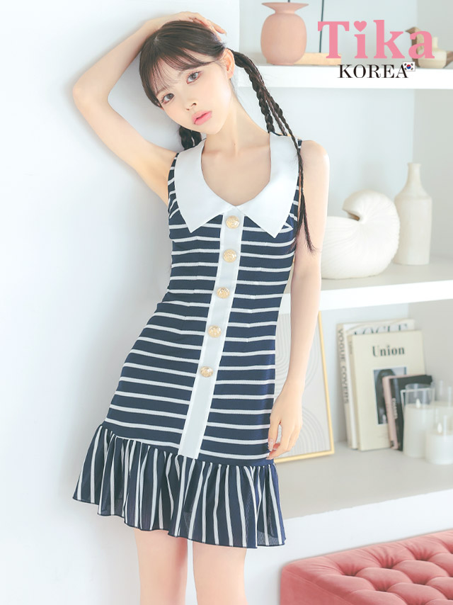 キャバドレス 襟デザイン ボーダー ノースリーブ フリル フレア ミニドレス
