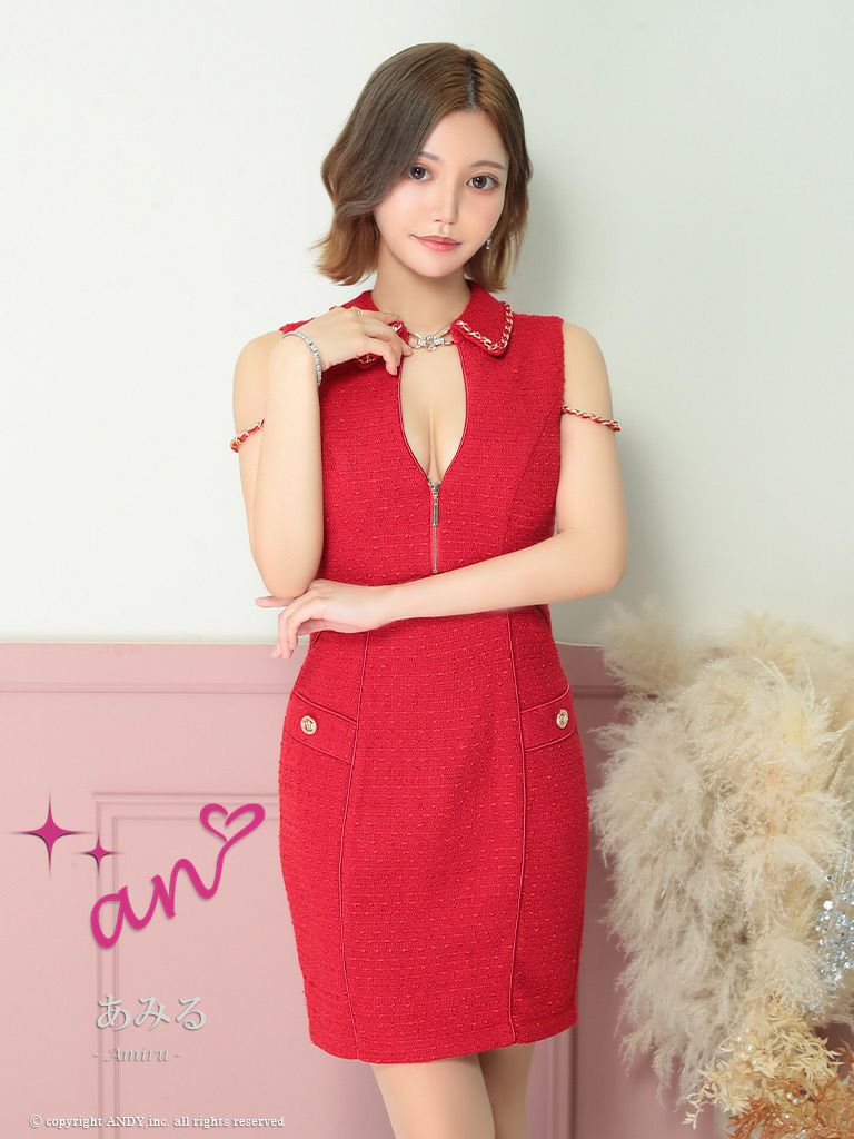 キャバドレス an アン　高級ノースリーブ襟デザインウエストカットジップチェーンタイトミニドレス