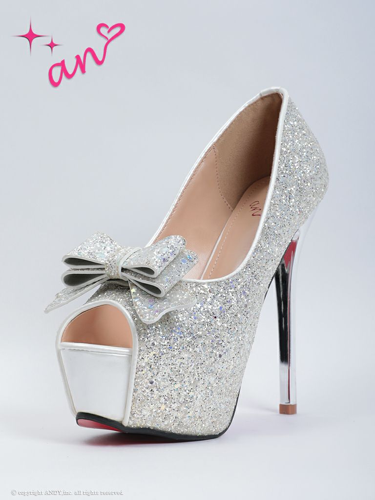 キャバドレス an アン　高級リボンモチーフラメグリッターオープントゥキラキラハイヒール