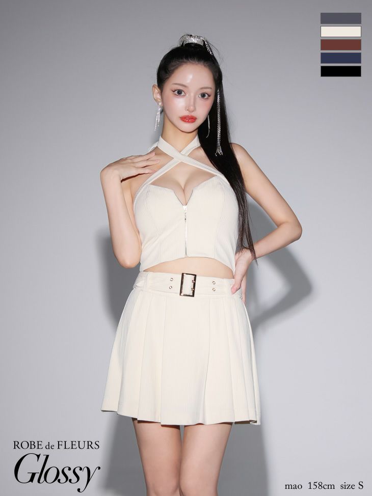 キャバドレス ミニドレス ROBEdeFLEURSGlossy ローブドフルールグロッシー　高級 ホルターネック ジップ セットアップ ウエストベルト プリーツ バストカット 谷間魅せ フレアミニドレス