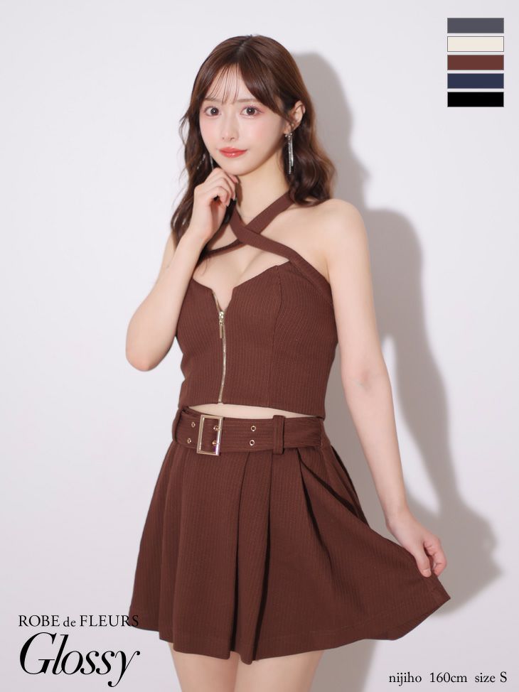 キャバドレス ミニドレス ROBEdeFLEURSGlossy ローブドフルールグロッシー　高級 ホルターネック ジップ セットアップ ウエストベルト プリーツ バストカット 谷間魅せ フレアミニドレス