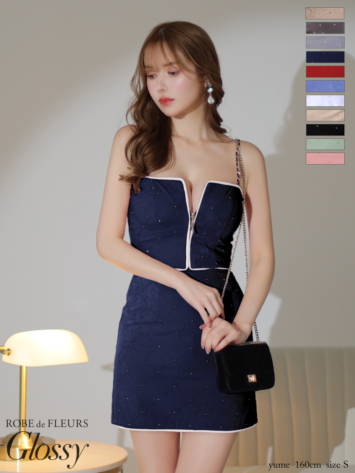 キャバドレス ミニドレス ROBEdeFLEURSGlossy ローブドフルールグロッシー　高級 ジップ スタッズ チェーン キャミソール キルティング セットアップ タイトミニドレス