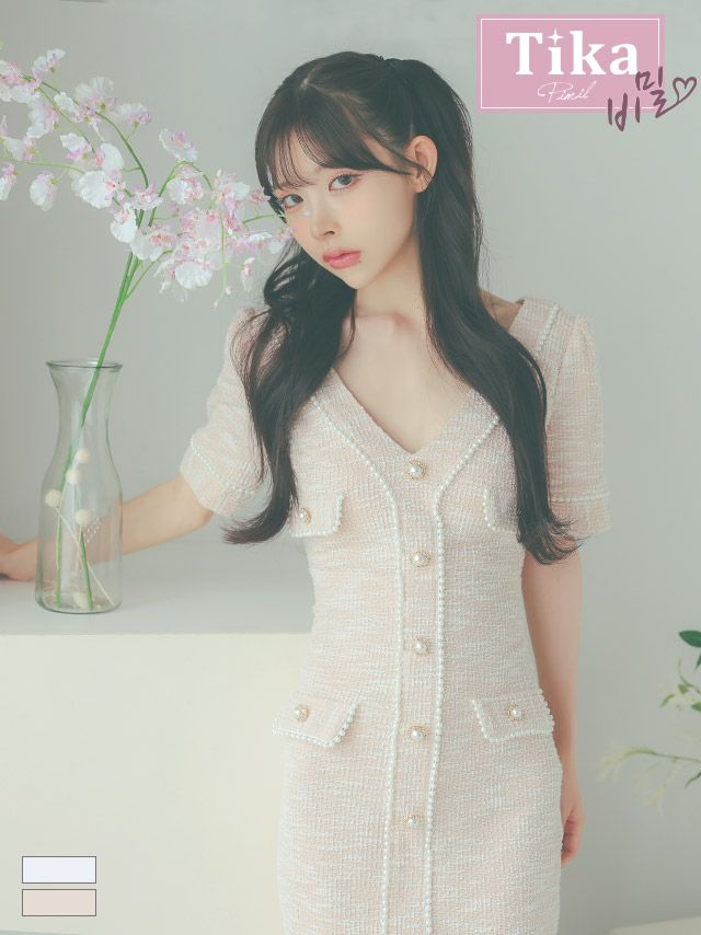 キャバドレス ワンカラー 袖あり Vネック 縁取り パールボタン デザイン ニット タイト ミニドレス