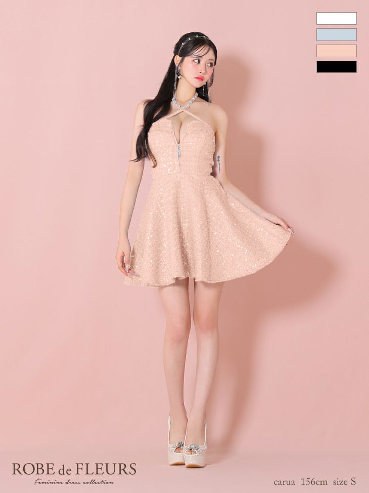 キャバドレス ミニ」ドレス ROBEdeFLEURS ローブドフルール高級ホルターネックツイードジップビジュースパンコールフレアミニドレス