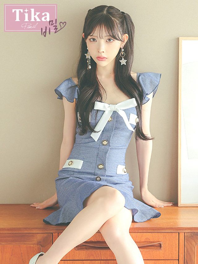 キャバドレス フリル 半袖 バストビッグ ホワイトリボン フレア ミニドレス