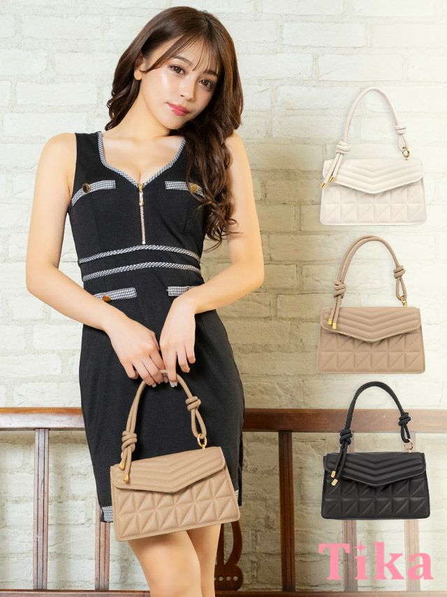 シンプル　キルティング風　結びハンドル　スクエア　2Way　ハンド　ミニバッグ