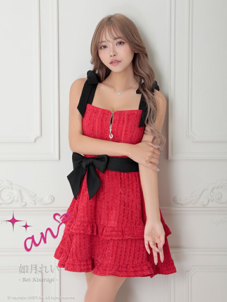 キャバドレス an アン　高級ノースリーブジップウエストリボンフリルフレアミニドレス