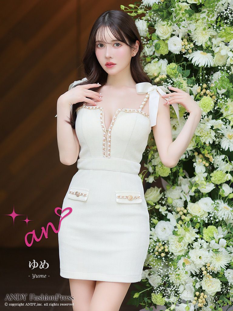キャバドレス an アン　高級キャミソールジップチェーンショルダーリボンゴールドボタンタイトミニドレス