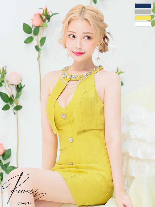 [PURESS/ピュアレス] 高級 ツイード ホルターネック パールチェーン ビジュー バストカット 谷間魅せ フレアミニドレス