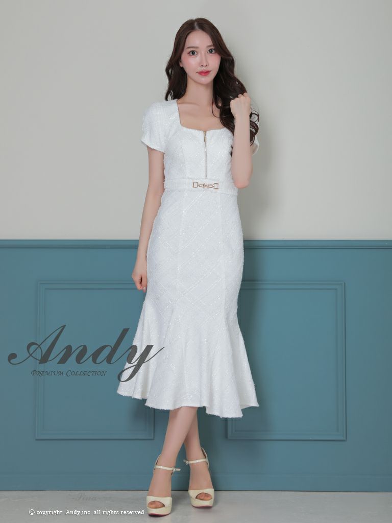 キャバドレス Andy アンディ　高級半袖チェック柄ツイードジップマーメイドタイトロングドレス