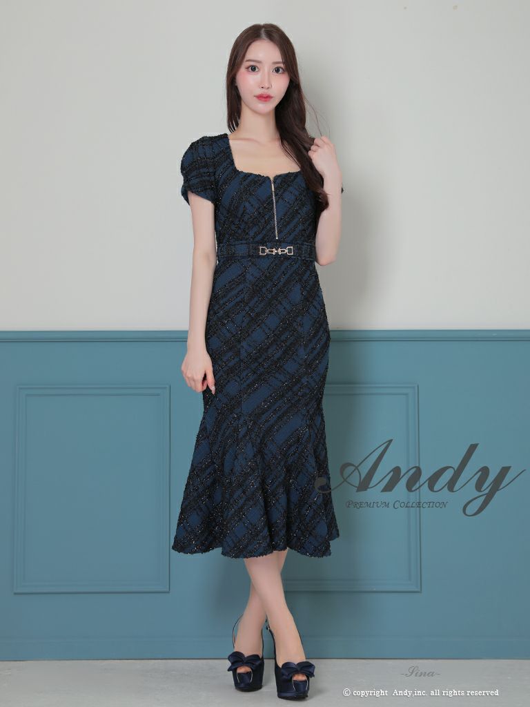 キャバドレス Andy アンディ　高級半袖チェック柄ツイードジップマーメイドタイトロングドレス