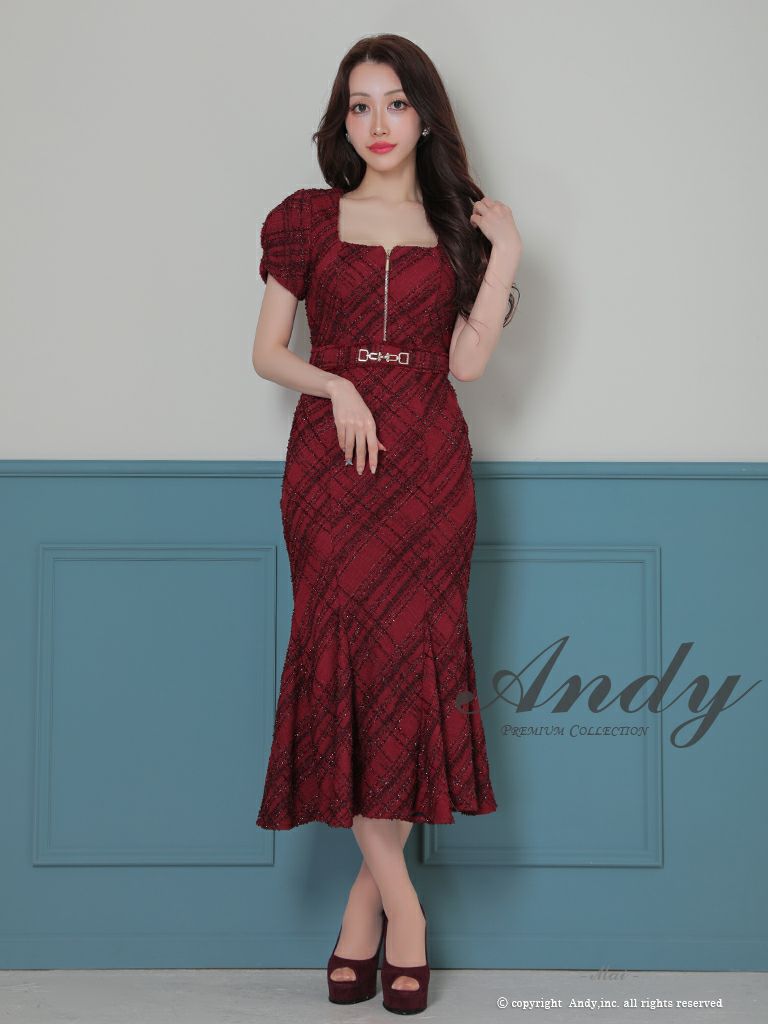 Andy/アンディ] 高級半袖チェック柄ツイードジップマーメイドタイト  