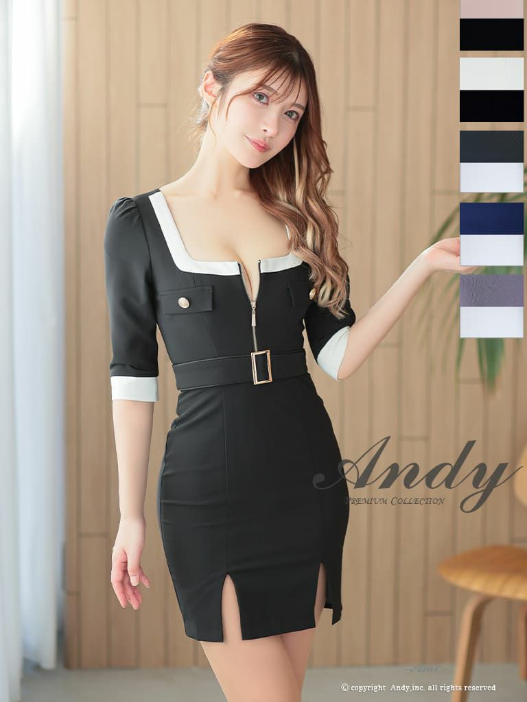 キャバドレス Andy アンディ　高級袖ありウエストベルトジップゴールドボタンタイトミニドレス
