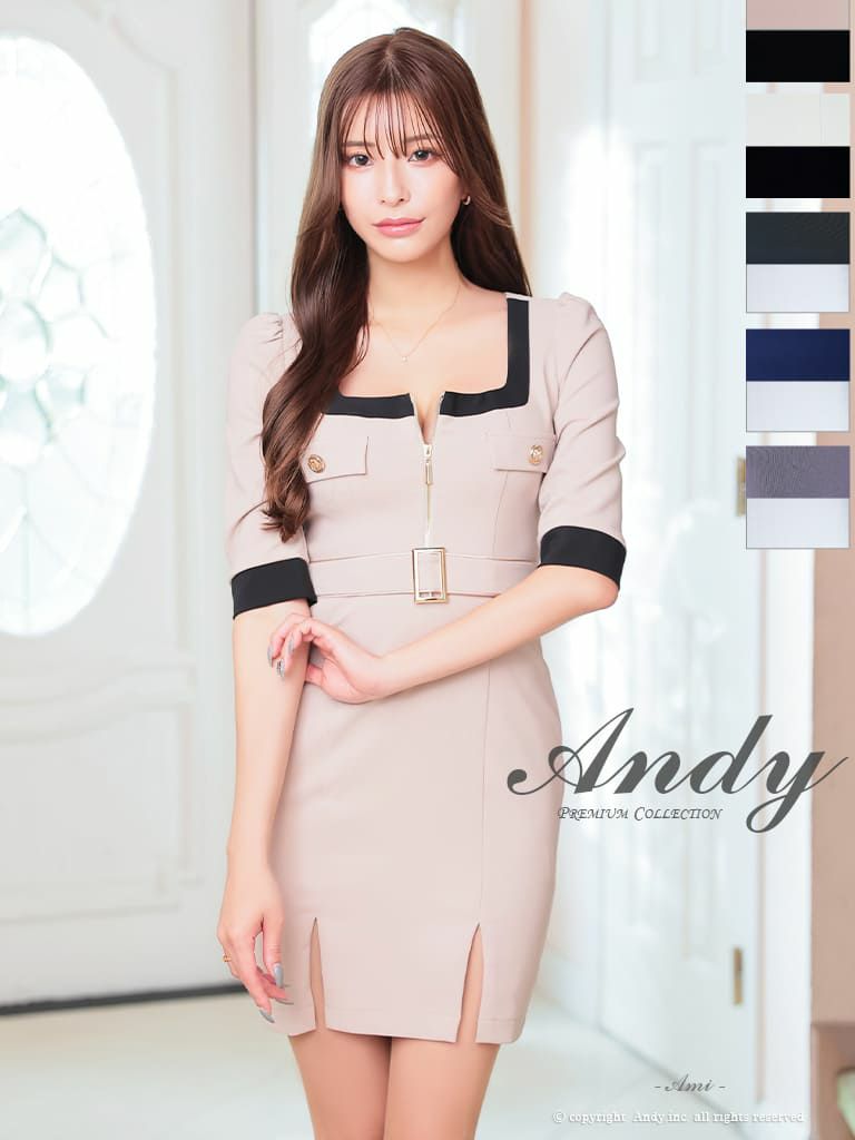キャバドレス Andy アンディ　高級袖ありウエストベルトジップゴールドボタンタイトミニドレス