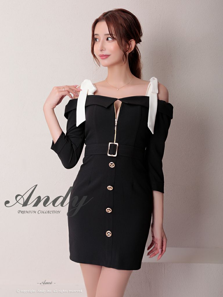 キャバドレス Andy アンディ　高級肩あき袖ありウエストベルトジップショルダーリボンゴールドボタンタイトミニドレス