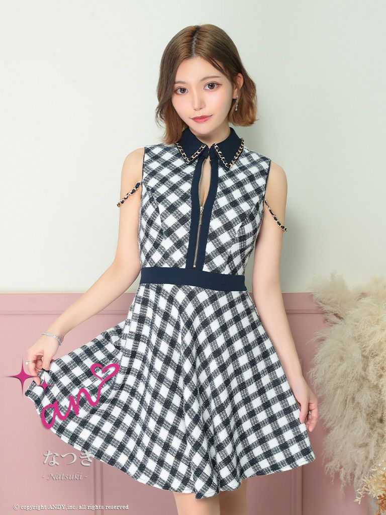 キャバドレス an アン　高級チェック柄ノースリーブ襟デザインジップチェーン膝丈ドレス
