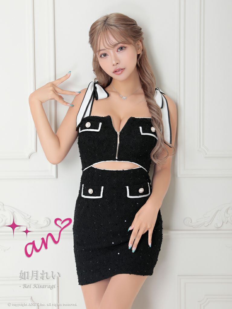 キャバドレス an アン　高級ノースリーブウエストカットジップパールボタンショルダーリボンタイトミニドレス