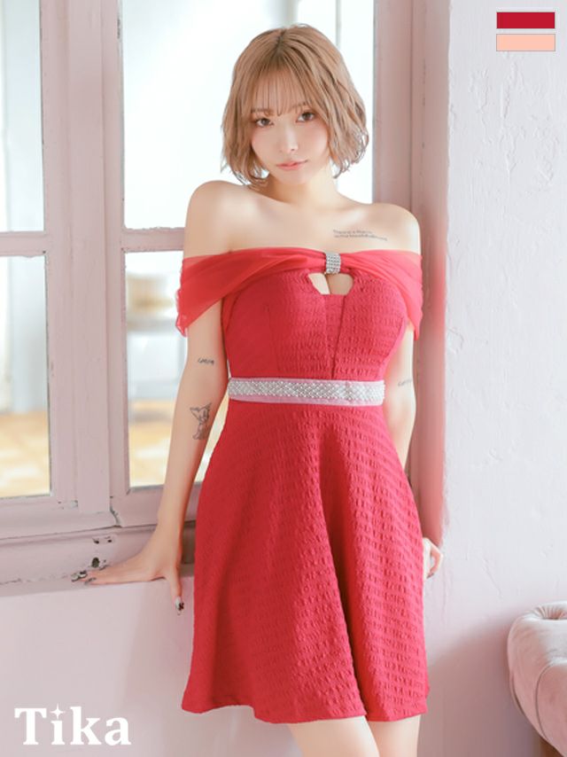 キャバドレス ミニ丈 大きいサイズ フレア Aライン ミニドレス オフショルダー ワンピース