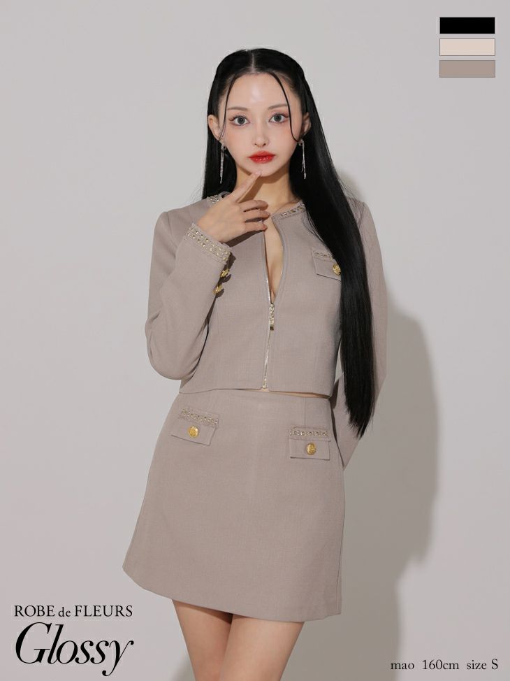 キャバドレス ミニドレス ROBEdeFLEURSGlossy ローブドフルールグロッシー　高級長袖ジャケット風ツイードセットアップジップゴールドデザインフレアミニドレス