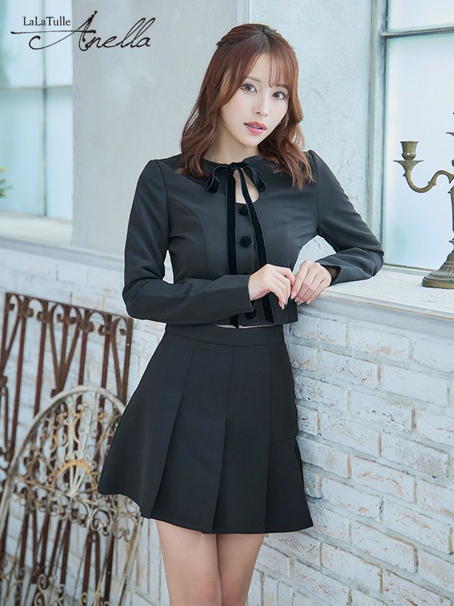 キャバドレス Anella アネラ 長袖 ベロアジャケット ネックリボン ボタン × ボックス タックスカート セットアップ フレア ミニ 韓国ドレス