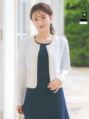 ノーカラーワッフルパール縁取りボレロジャケッ...