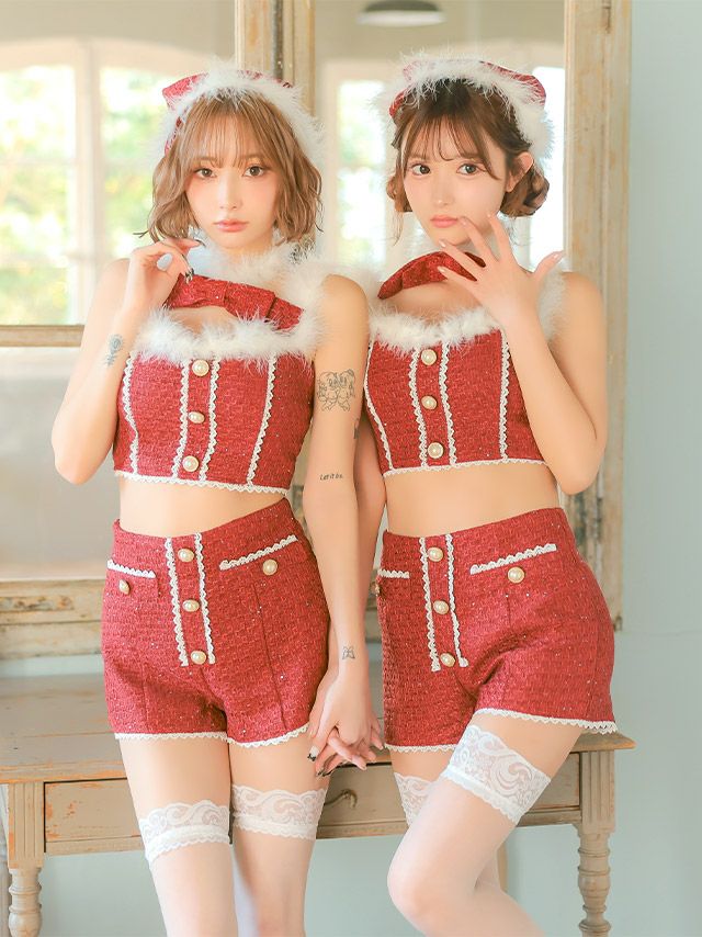 サンタコス 4点set へそ出しトップス×ショートパンツレーステープパールツイードガーリーツインサンタコスプレドレス [トップス+ショートパンツ+チョーカー+帽子]