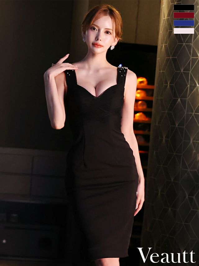 キャバドレス 膝丈ドレス Angel-R エンジェルアール 　高級ノースリーブジップショルダービジューワンカラータイト膝丈ドレス