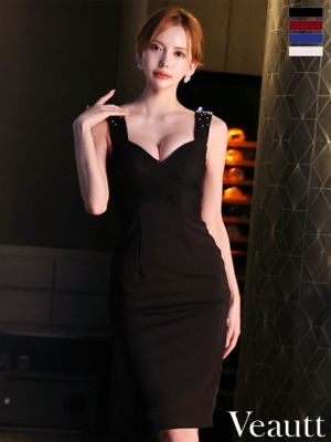 キャバドレス 膝丈ドレス Angel-R エンジェルアール 　高級ノースリーブジップショルダービジューワンカラータイト膝丈ドレス