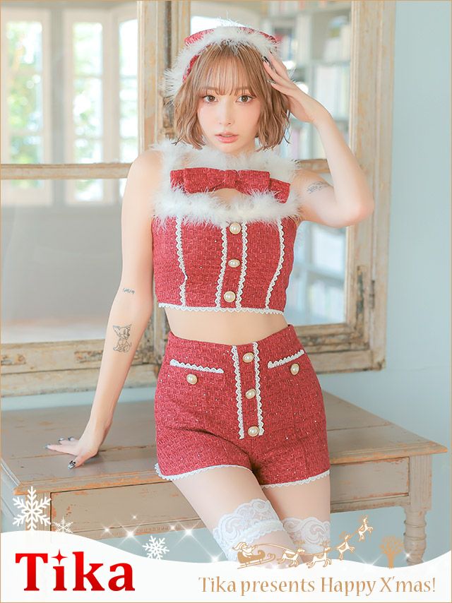 サンタコスプレ 4点set ふわふわフェザー付きへそ出しセパレート