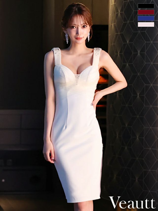 キャバドレス 膝丈ドレス Angel-R エンジェルアール 　高級ノースリーブジップショルダービジューワンカラータイト膝丈ドレス