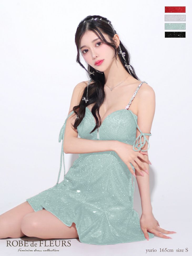 キャバドレス ミニドレス ROBEdeFLEURS ローブドフルール　高級キャミソールジップ袖リボンラメニットスパンコールチュールフレアミニドレス