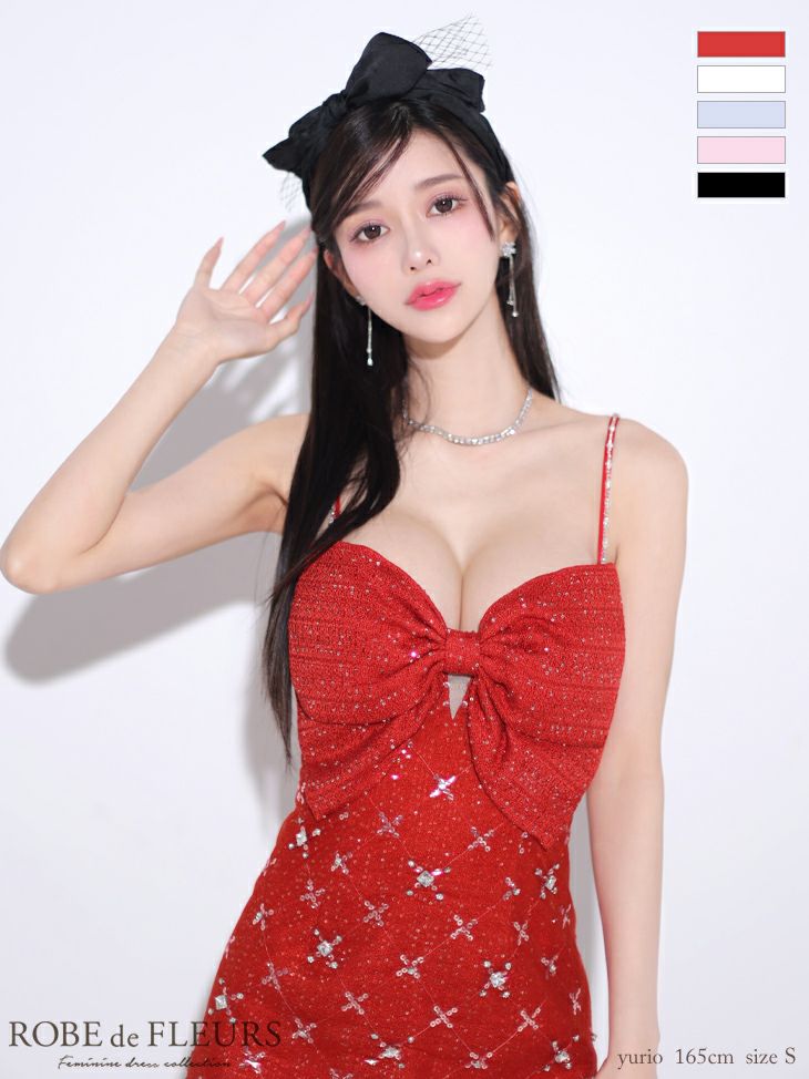 キャバドレス ミニドレス ROBEdeFLEURS ローブドフルール　高級キャミソールスパンコールツイードビッグリボン刺繍チュールレースタイトミニドレス
