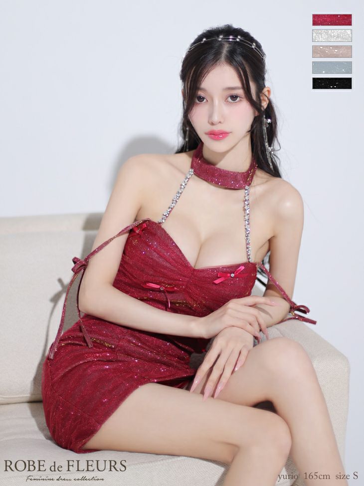 キャバドレス ミニドレス ROBEdeFLEURS ローブドフルール　高級ホルターネックセットアップラメチュールサテンリボンタイトミニドレス