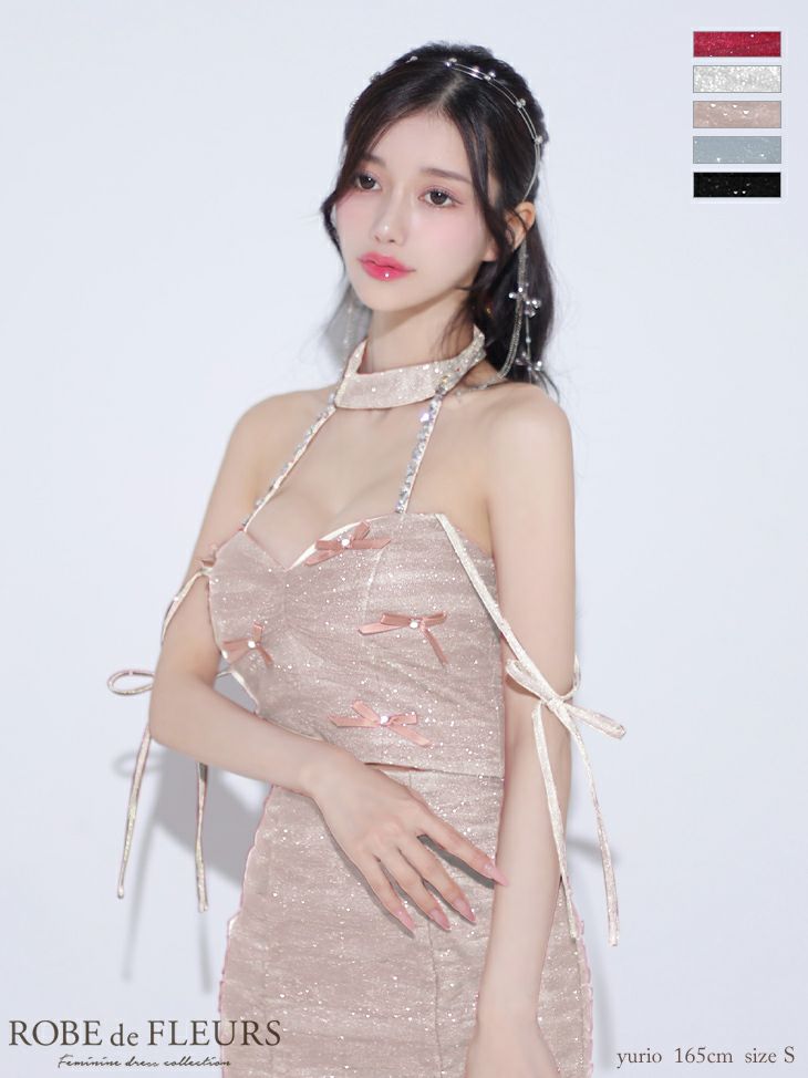 キャバドレス ミニドレス ROBEdeFLEURS ローブドフルール　高級ホルターネックセットアップラメチュールサテンリボンタイトミニドレス