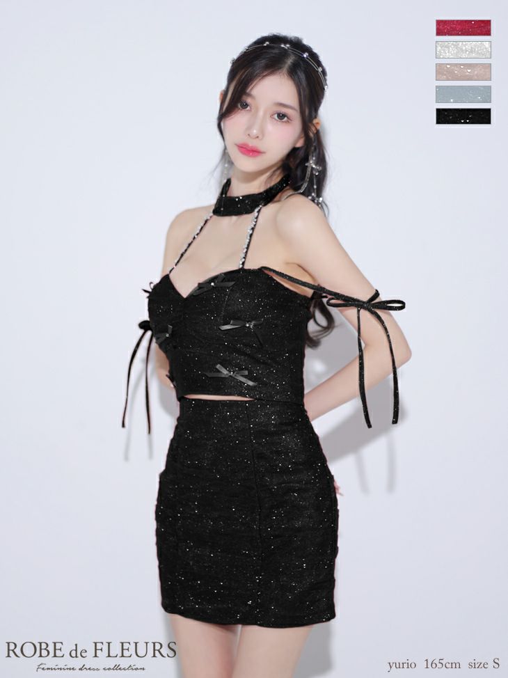 キャバドレス ミニドレス ROBEdeFLEURS ローブドフルール　高級ホルターネックセットアップラメチュールサテンリボンタイトミニドレス