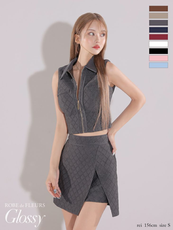 キャバドレス ミニドレス ROBEdeFLEURSGlossy ローブドフルールグロッシー　高級ノースリーブ襟デザインジップセットアップシンプルタイトミニドレス