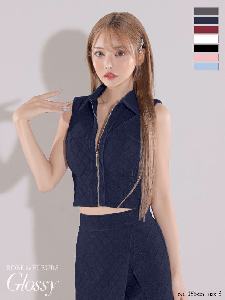 キャバドレス ミニドレス ROBEdeFLEURSGlossy ローブドフルールグロッシー　高級ノースリーブ襟デザインジップセットアップシンプルタイトミニドレス